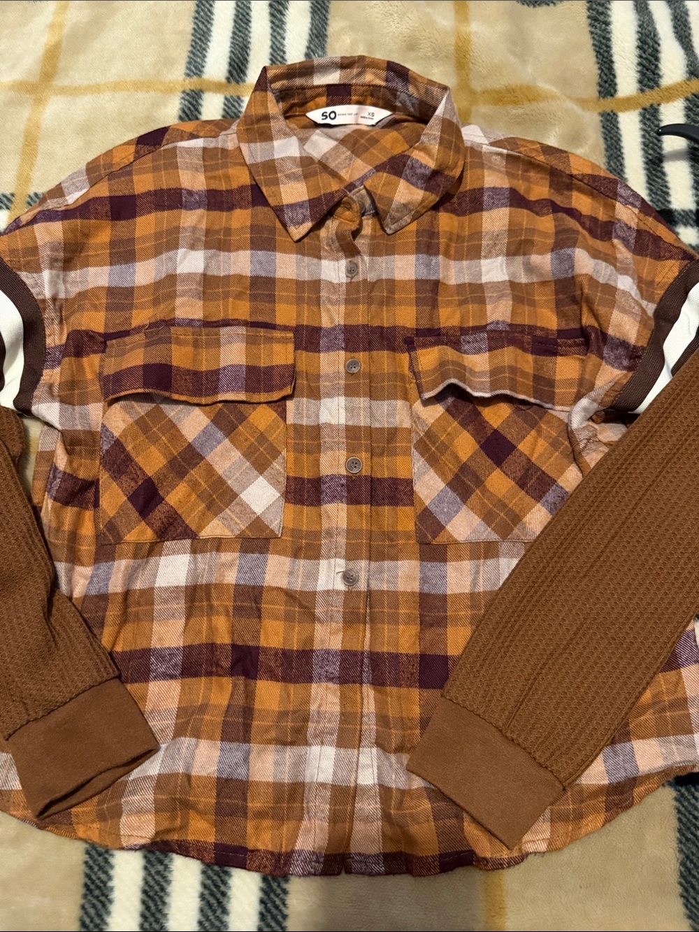 SO Women's Plaid Button-Down Shirt - Mustard, Brown, Burgundy